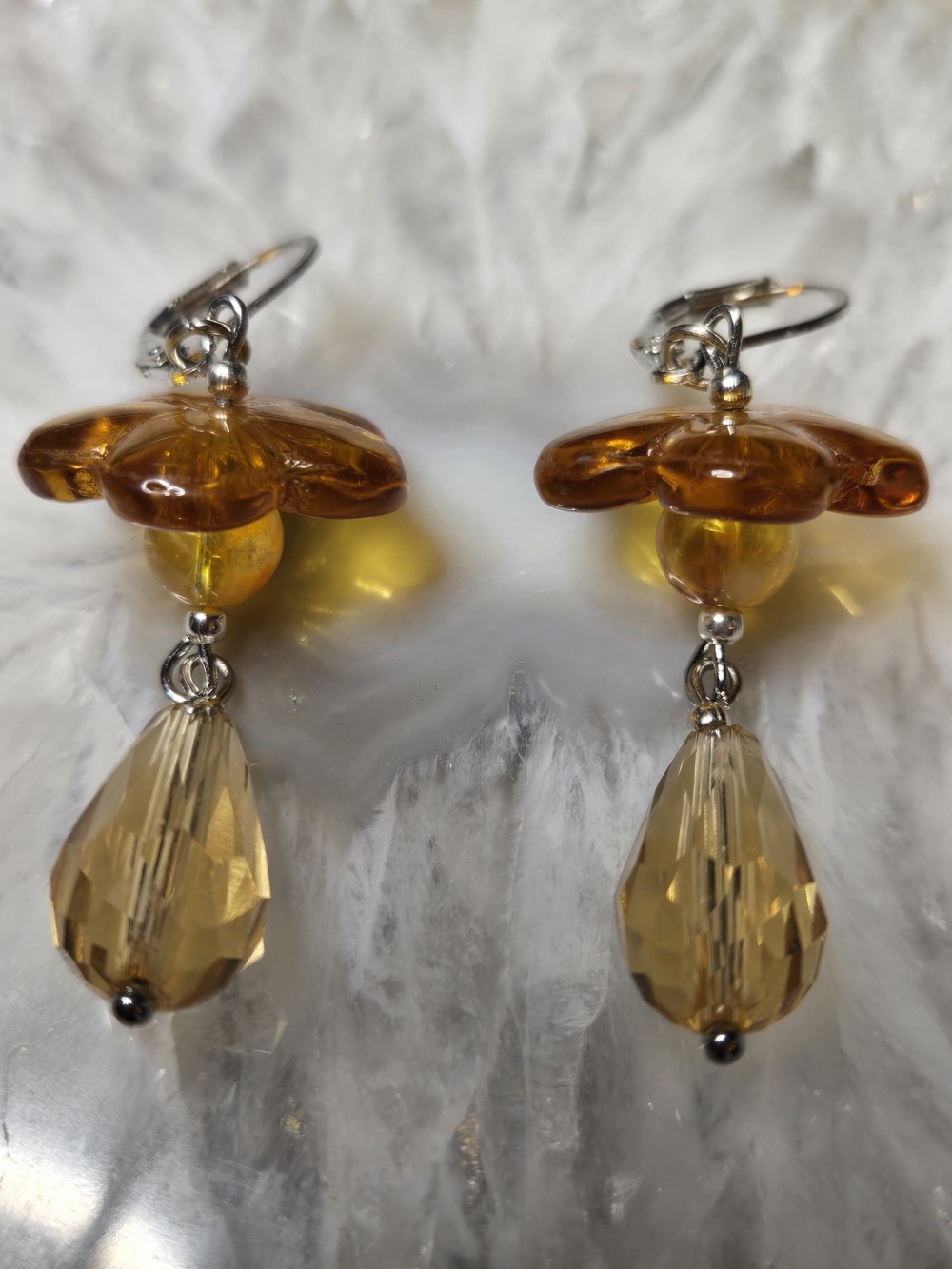 Yellow Amber Glass Flower And Citrine Earrings